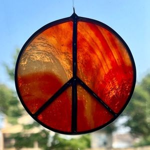 Hand Made Hand Cut Stained Glass Peace Sign by jaggedglassworks